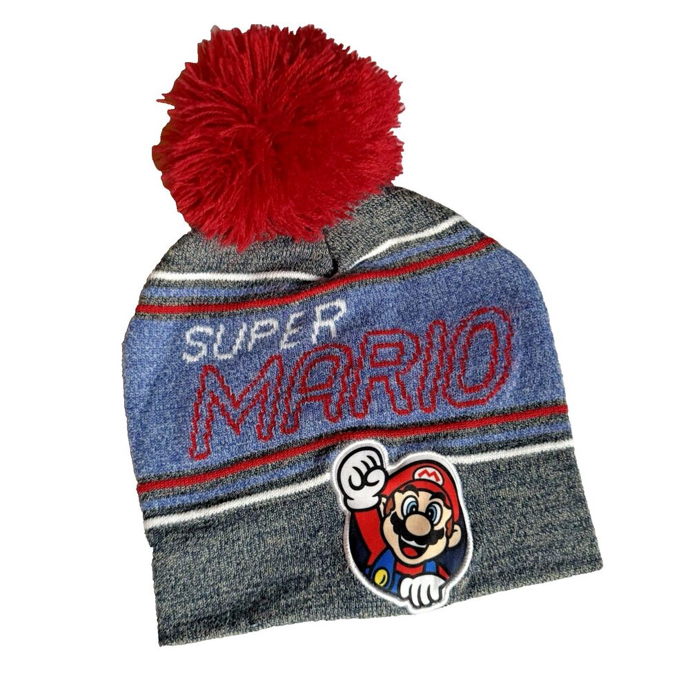 Super Mario Kids Winter Hat Beanie Youth Pom Pom Nintendo Blue Gray Red One Size